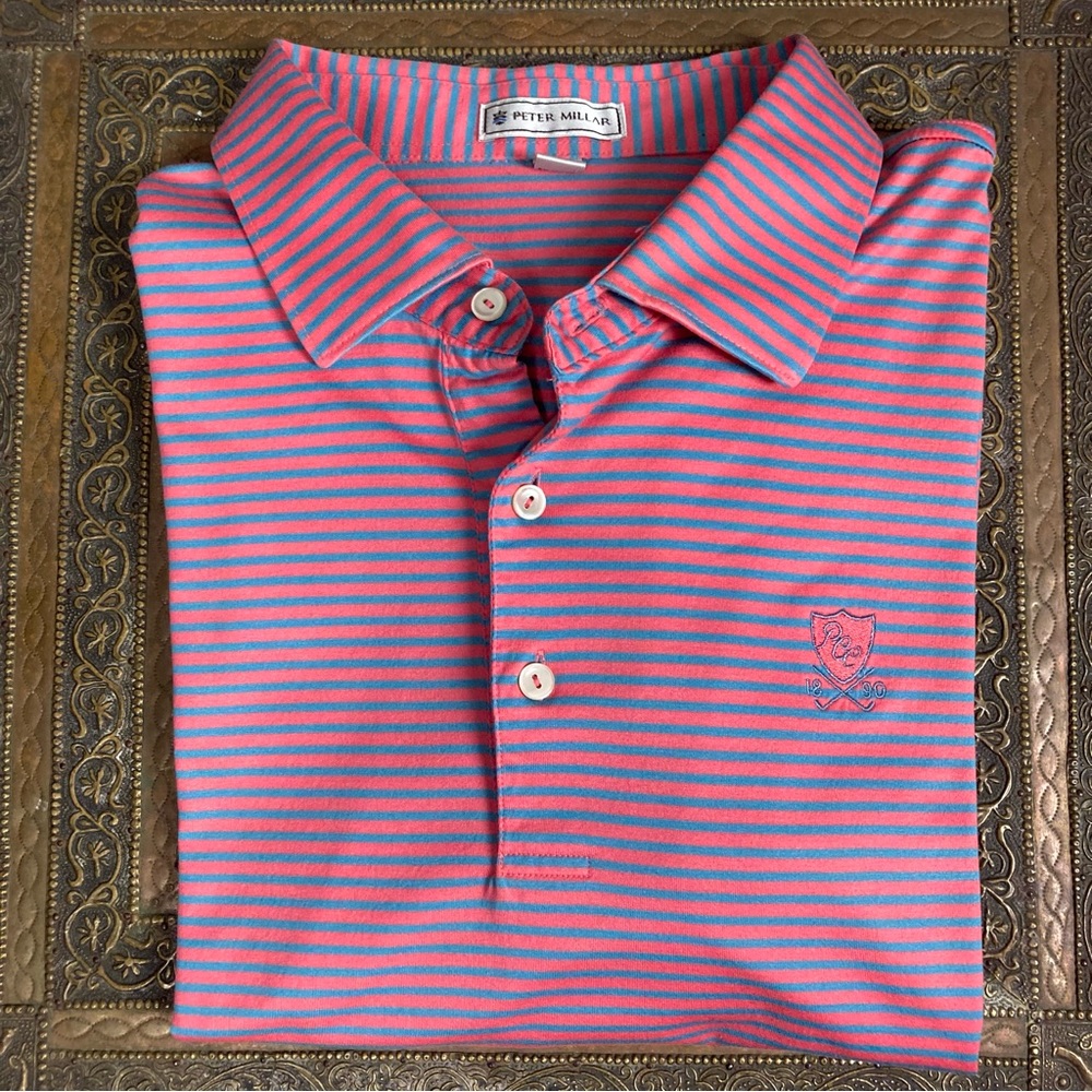 Peter Millar striped polo pink and blue embroidered logo extra large